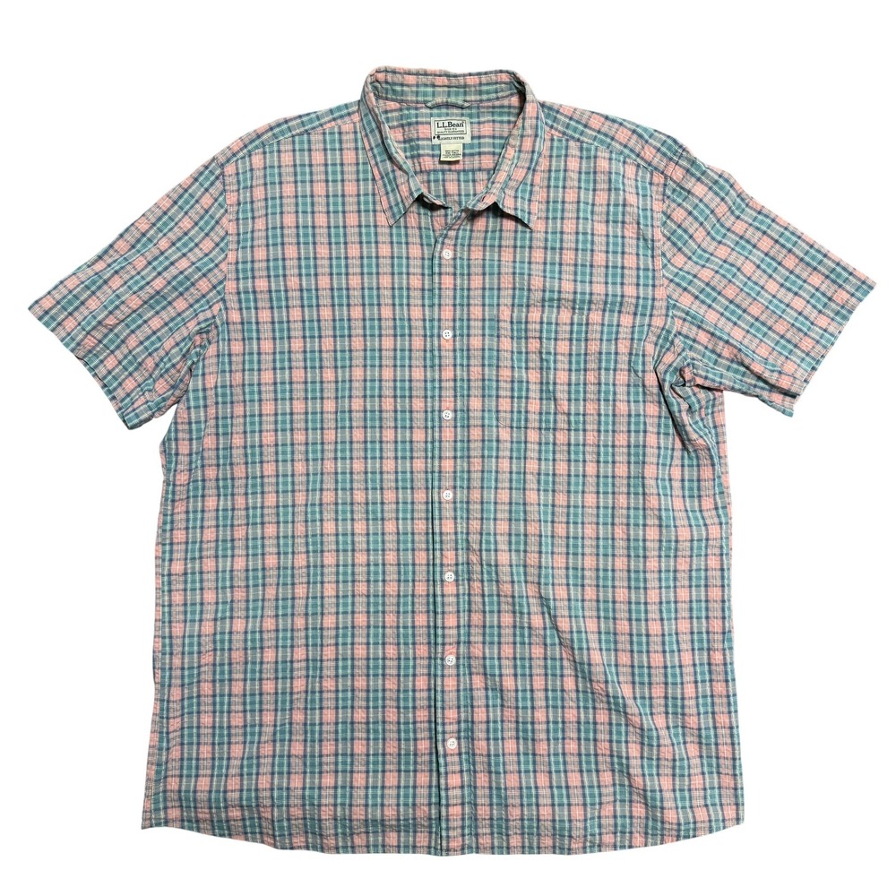 LL Bean Shirt Mens 2XLT Green Pink Plaid Slightly Fitted Short Sleeve‎ Cotton